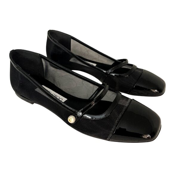 Jimmy Choo Sz 37.5 7.5 Elisa Black Mesh Pearl Mary Jane Flat Shoes NEW - Picture 1 of 10